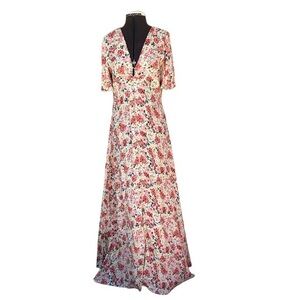 Skies Are Blue Floral Yellow Red  White Button Down Cape Sleeve Maxi Dress XS